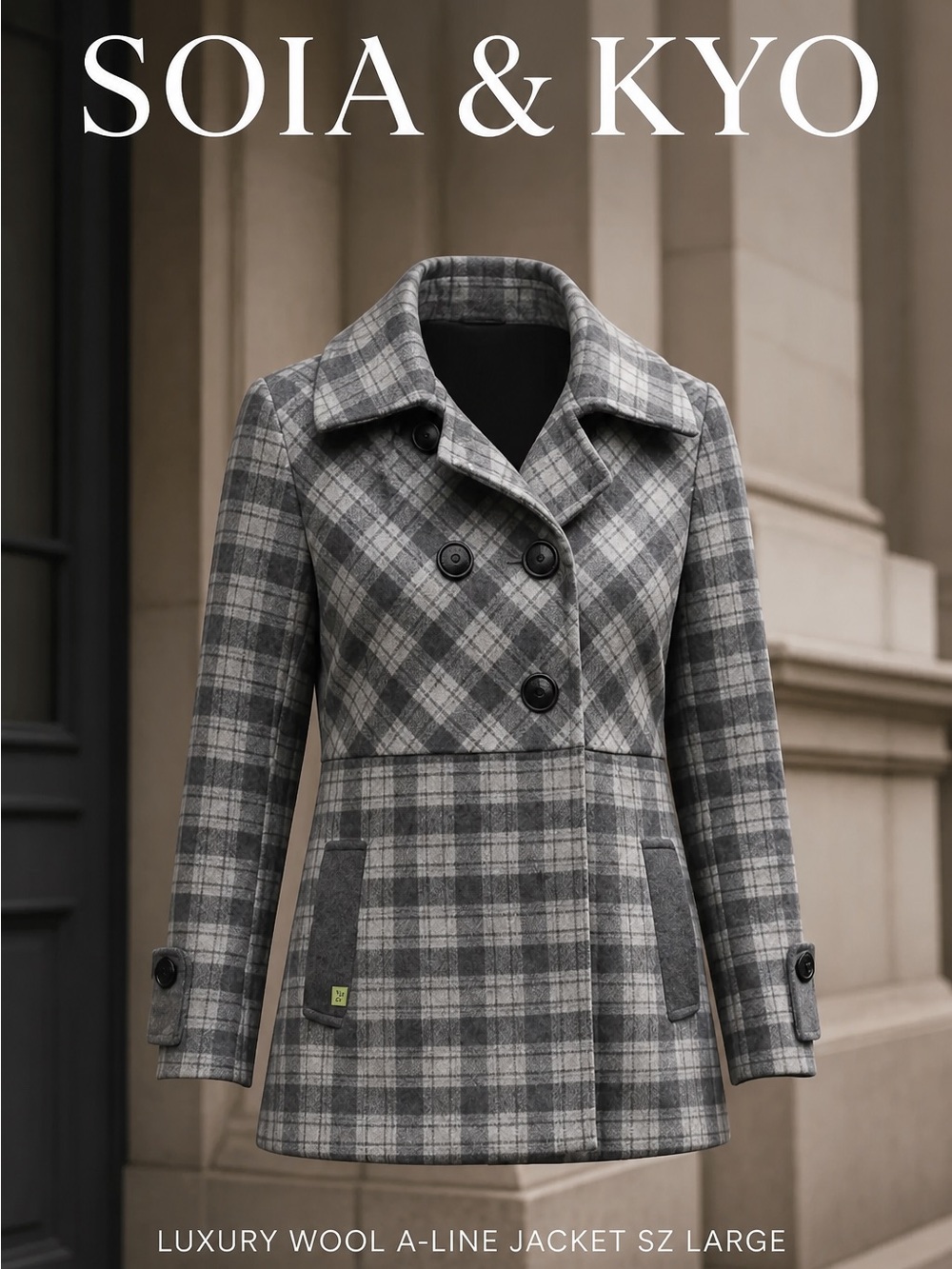 NWOT Soia & Kyo Gray Plaid Double-Breasted 80% Wool Peacoat coat sz Large